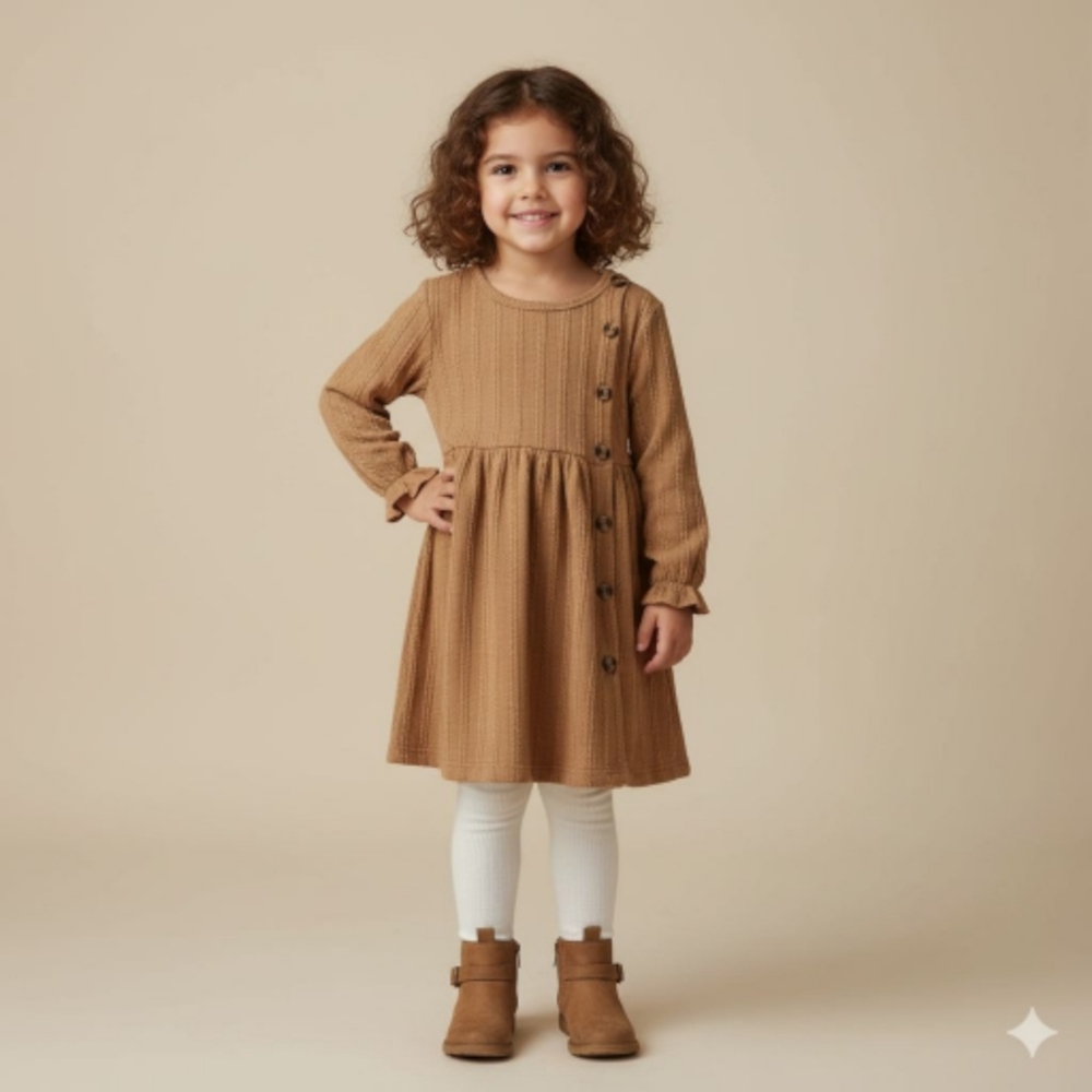 Girls Neutral Cable Knit Long Sleeve Button Detail Camel Tan Dress Youth Sz 5-6